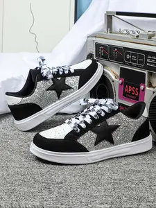 Men's Fashion Street Style Sneakers with Glitter Star Design, Comfortable Low Top Lace-Up Skate Shoes for Casual Wear & Outdoor Activities