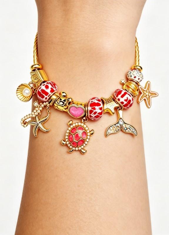 Tone Gold Open Twist Bangle Ocean Charm Bracelet Red Enamel Bead Turtle Mermaid Tail Starfish Shell Women Beach Jewelry Gift