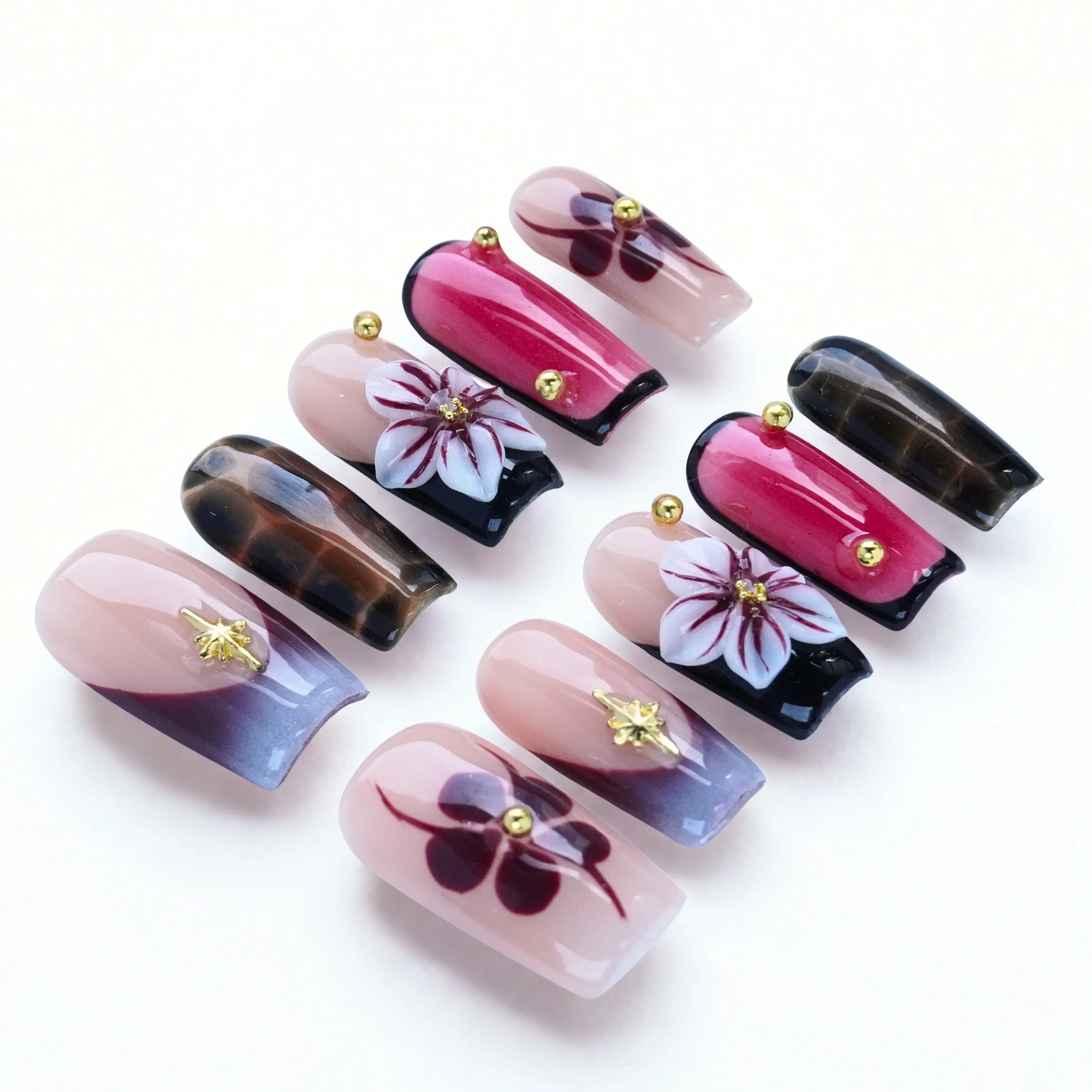 BHI handmade nails 10PCS Handmade 3D Press-On Nails – Short Square Gradient French Tips with Delicate Floral Art | Reusable & Salon-Perfect