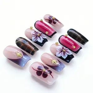BHI handmade nails 10PCS Handmade 3D Press-On Nails – Short Square Gradient French Tips with Delicate Floral Art | Reusable & Salon-Perfect