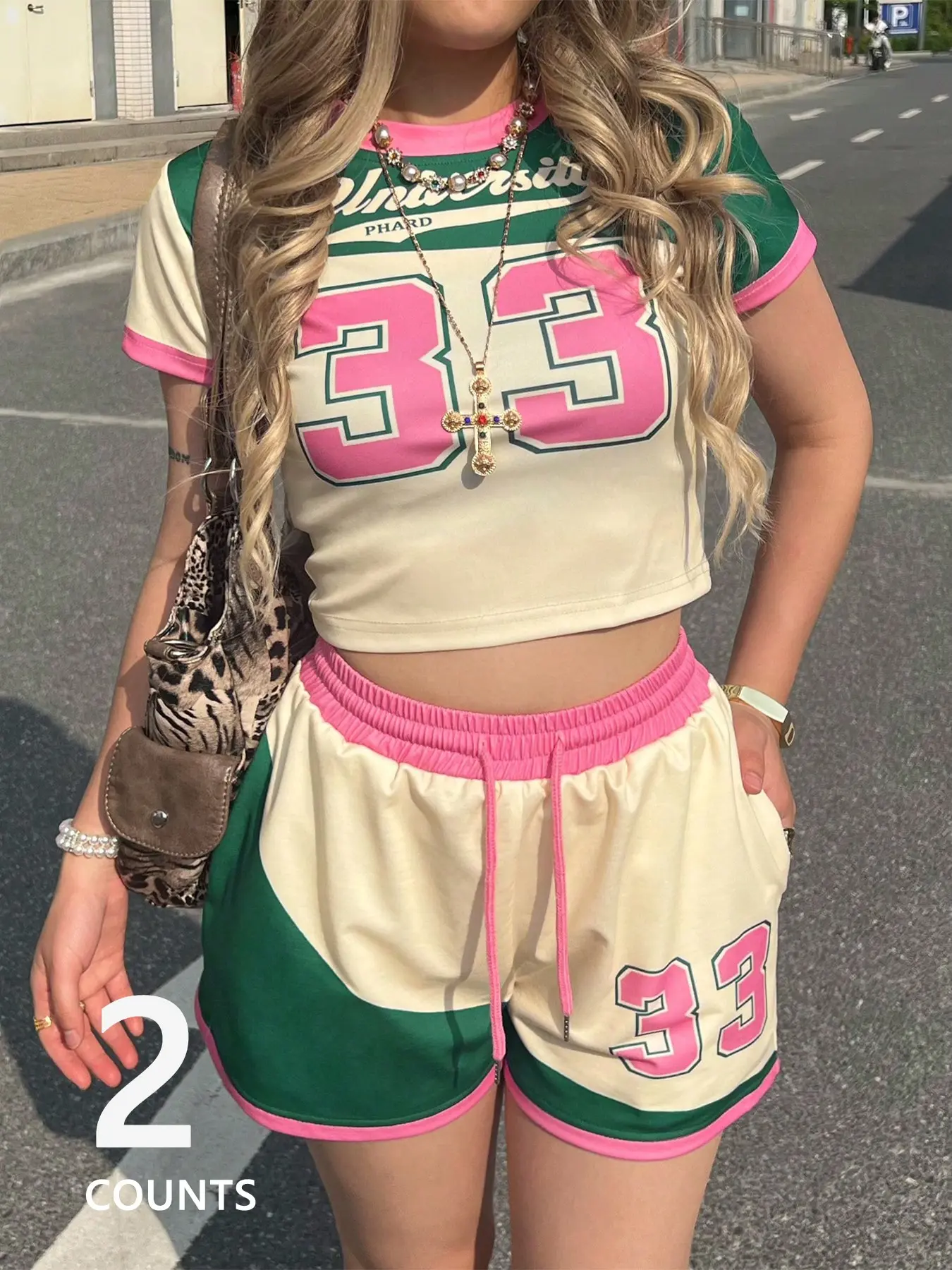 Women's Retro Varsity 2 Piece Outfit, Color Block Crop Tee & Athletic Shorts, Y2K Street Style Matching Set for Daily Wear