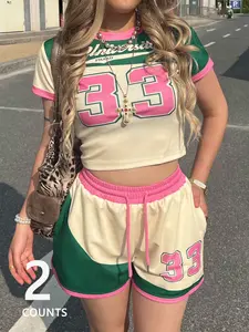 Women's Retro Vintage Varsity 2 Piece Outfit, Color Block Crop Tee & Athletic Shorts, Y2K Street Style Fashion Matching Set for Daily Wear