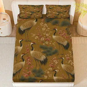 3Pcs Crane Floral Nature Fitted sheet Three Piece Set (1*Fitted Sheet+2*Pillowcases, Coreless), Chinese New Year theme, Bird Pattern Bedding Set, Mattress protector Soft, Breathable