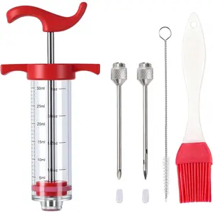 Plastic Meat Injector , Turkey Injection Kit with 2 Stainless Steel  for Injecting Marinade into Turkey Chicken Meat Brisket Pork, Ideal for  BBQ Grill, Red 1oz