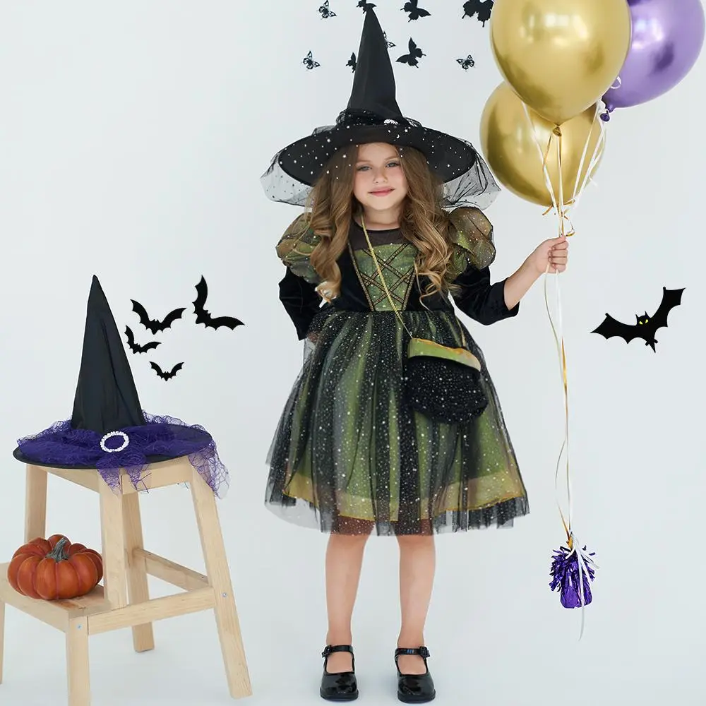 Kids Clothes Long Sleeve with Bag 035 Green Sequins Halloween Dress Children Cosplay Costume Fancy Carnival Pumpkin Witch Vampire Party Holiday Princess Frock 3-10Y