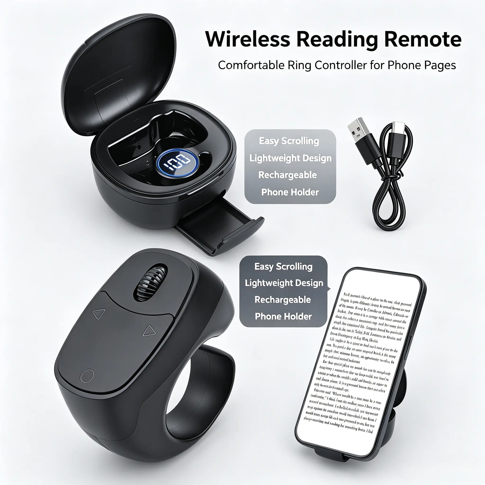 2026 New Wireless Fingertip Ring Remote for TikTok, Hands-Free Video Scrolling & Page Turner, Camera Shutter Clicker with 180mAh Charging Case & Phone Stand, USB-C, Compatible with iPhone & Android for Selfies and Content Creation