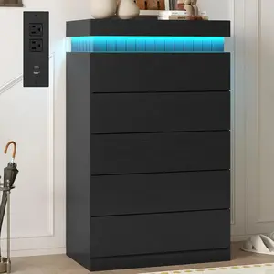 Tall 5 Drawer Dresser, Sliding Top LED Power Outlet, Wood Chest Bedroom Living Hallway, Customized