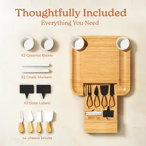 SMIRLY Charcuterie Large Bamboo Cheese Board Set with 2 Ceramic Bowls 2 Chalk Markers 2 Slate Labels & 4 Cheese Knives for House Warming Gifts