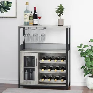 Wine Bar Cabinet - Large Capacity Liquor Cabinet with Storage, Adjustable Shelves for Glassware, Sturdy MDF Construction, Easy Assembly Wine Rack Ideal for Dining Room Bar & Kitchen (Grey)