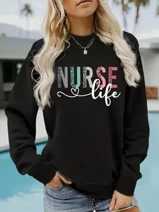 Women's Casual Fit Nurse Graphic Pullover Knit Sweater, Soft Long Sleeve Round Neck Sweatshirt, All-Season Comfortable Daily Wear Womenswear
