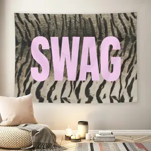 SWAG Tiger Print Wall Flag, Y2K 2000s Grunge Aesthetic Tapestry, Mid-century Modern Black Flash Manga Inspired Room Decor for Adult Fans, Bold Pink Text Wall Hanging