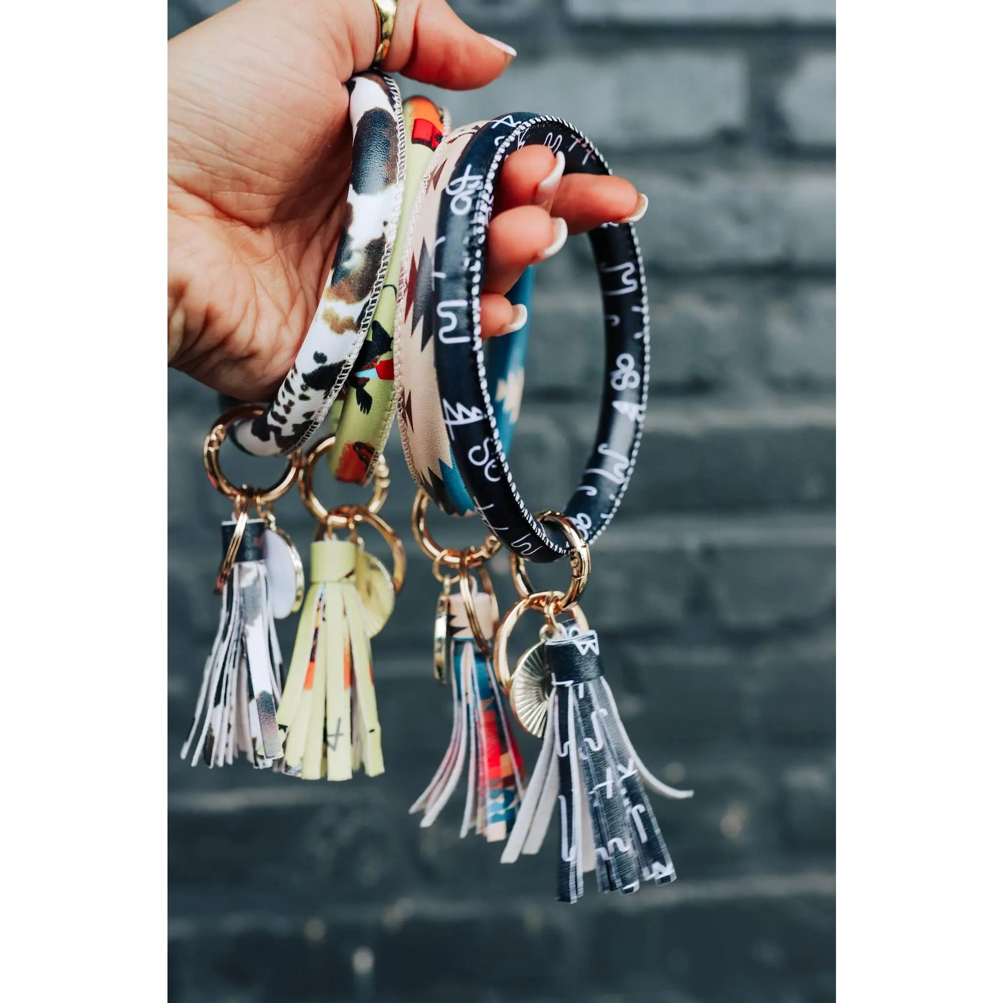 Brown Cowhide Bangle Bracelet Keyring - Car Interior Decoration Accessory with Tassel Detail, Everyday Use, Keeps Hands Free for Grocery Carrying, Easy to Find Keys