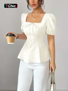 New Women's Fashion Chic Versatile French Bow Tie Belt High-End Bubble Sleeves Elegant Embroidered Fabric Shirt, Casual Loose-Fitting Short Sleeve Blouse, Casual Classy Top, Womenswear