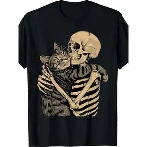 [100% Cotton] Men'S Skeleton Hugging Cat Graphic T-Shirt Cotton Crew Neck Tee, Casual Printed Top With Slight Stretch, Perfect For Cat Lovers, Ideal For Halloween, Christmas, Thanksgiving - Summer Knit Fabric Menswear Soft T-Shirt For Men And Women