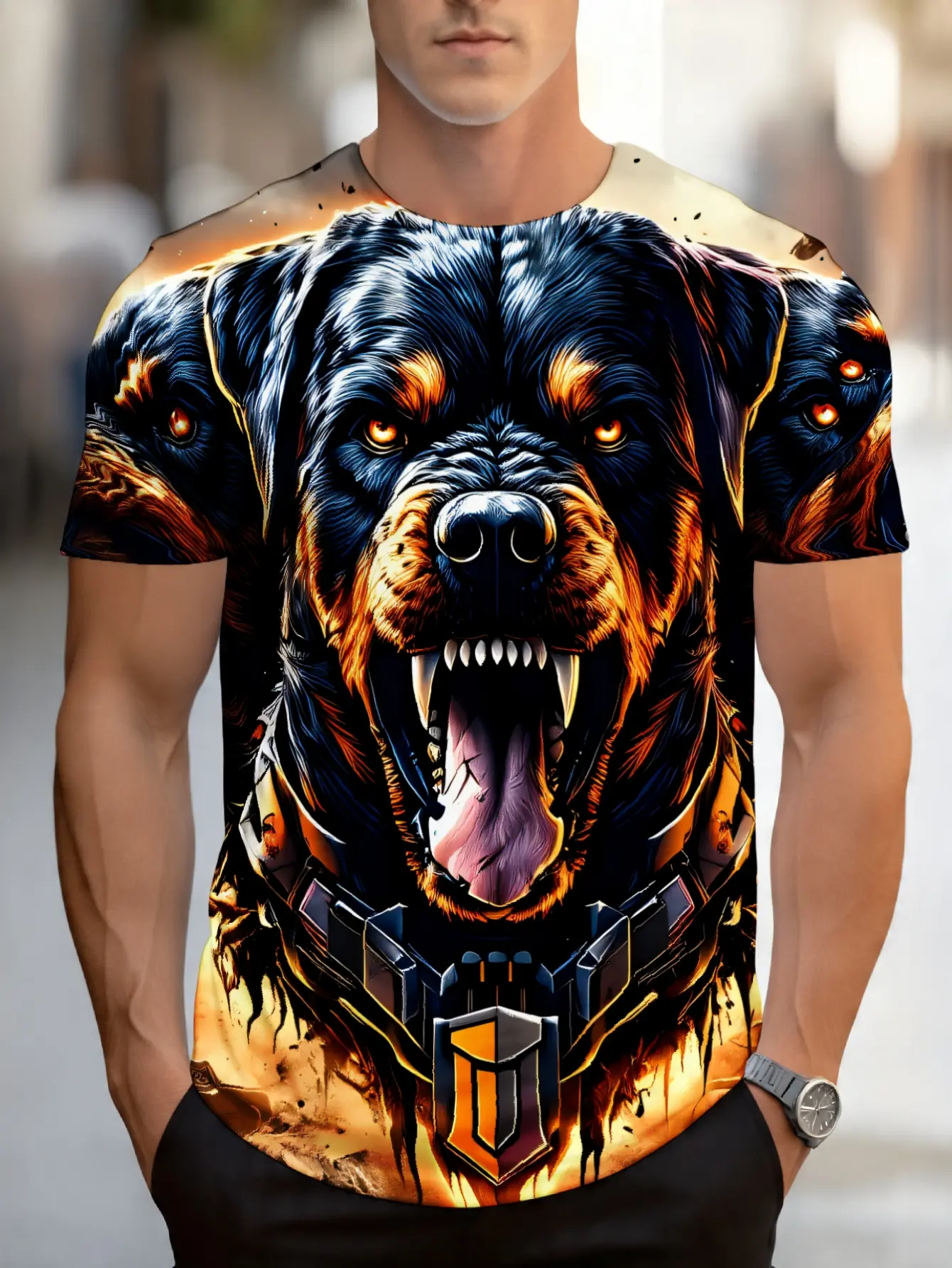 Apocalyptic Rottweiler Warrior Men's 3D Print T-Shirt 100 Percent Polyester Material 3D Technology Round Neck Design Machine Washable And Dry Cleanable Graphic with Fiery Battle Scene Featuring A Fierce Three Headed Rottweiler In Armor Against A