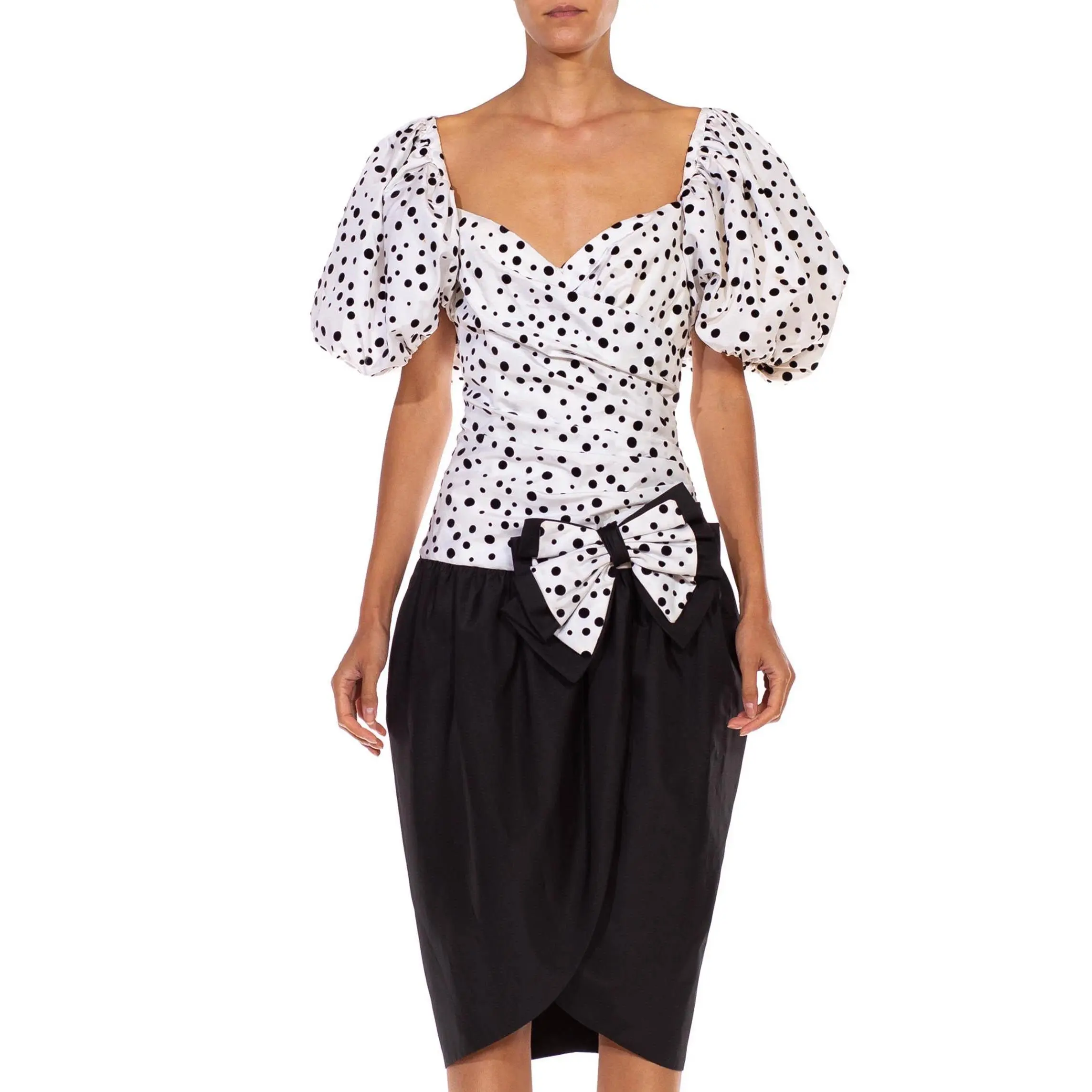 1980S Black & White Polka Dot Puff Sleeve Cocktail Dress With Large Bow