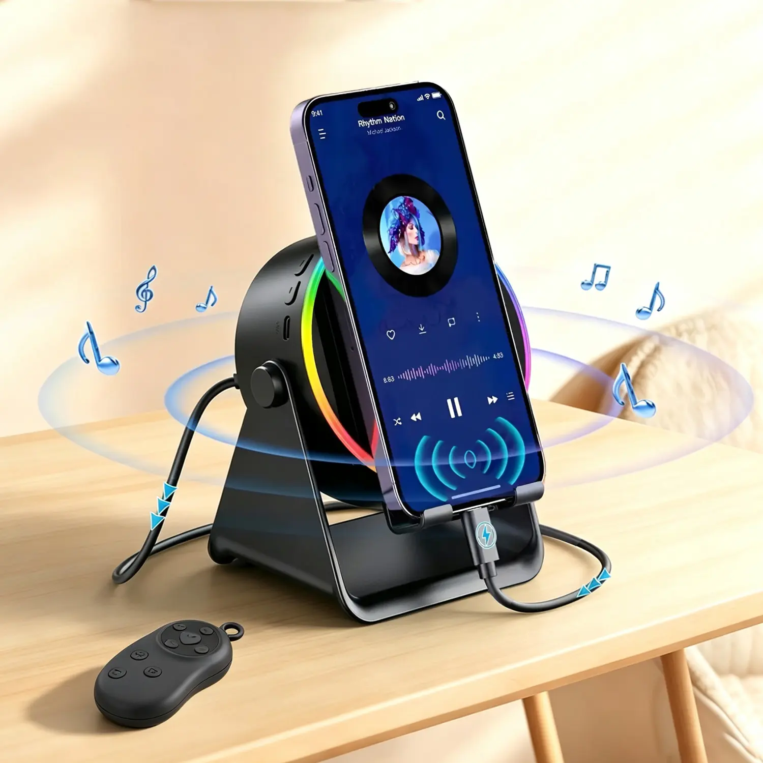 5-in-1 Wireless Magnetic Audio Speaker Stand Accessories - 3500mAh Power Bank, 360° Adjustable Tabletop Phone/Tablet Holder, LED Light Glow, Rechargeable, Hands-Free, Compatible with iPhone 18 Series, Boyfriend Gift for Music Setup