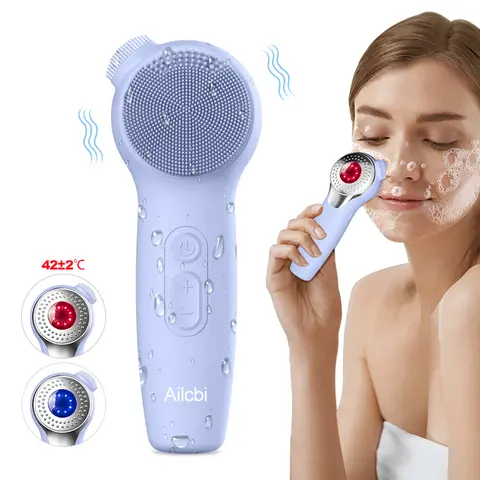 Ailcbi Electric Silicone LED Facial Cleansing Brush Massager - 5-Speed Sonic Vibration, IPX7 Waterproof, Hot Compress, Red & Blue Lighting, Expands Pores, Face Brushes for Cleansing, Self Care Gadgets, Daily Use Personal Care Facial Beauty Device