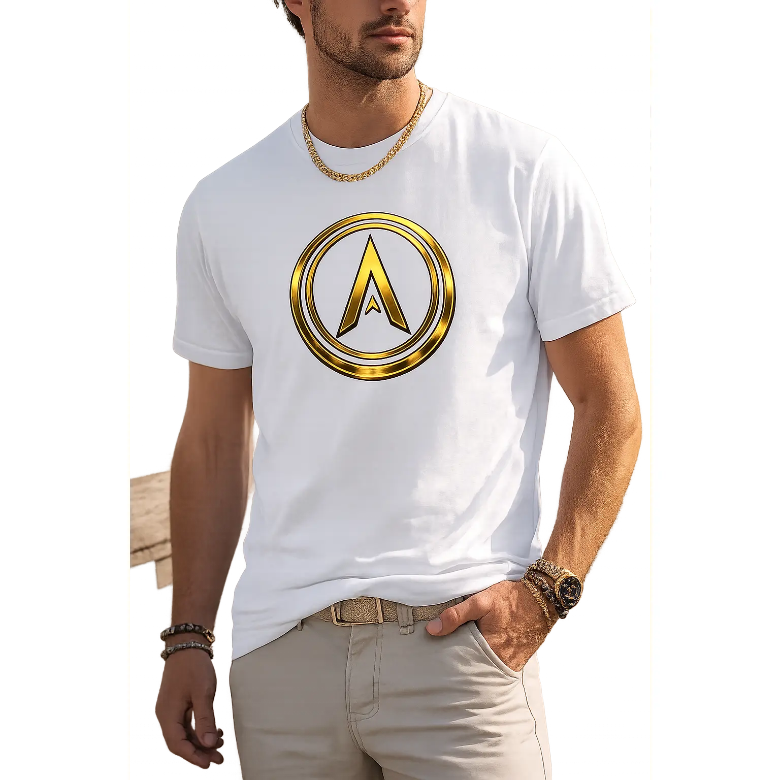 Luxury Minimalist Graphic T-Shirt | Premium Men's Streetwear Tee | Gold Emblem Fashion Shirt | Soft Cotton Casual Top