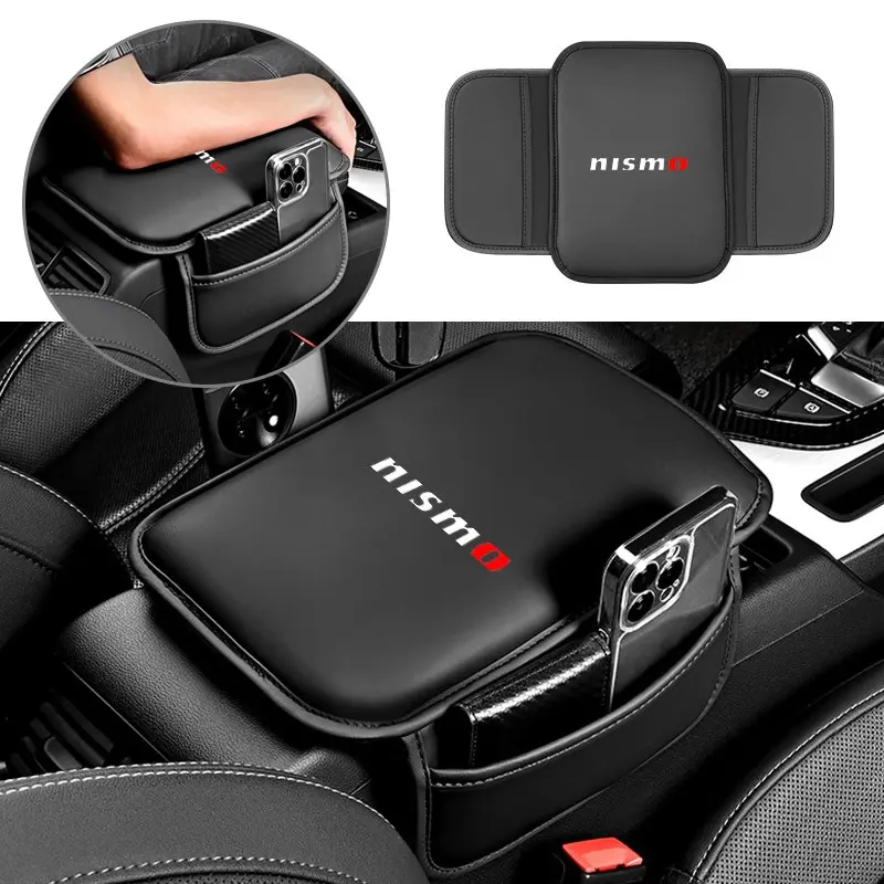 Universal Leather Car Armrest Box Pad with Pocket, Car Interior Organizer, Central Memory Cushion for Nissan Nismo Gtr, Qashqai, Juke, X-Trail, Rogue Accessories, Car Storage Organizer, Car Organization Accessories