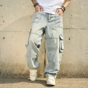 Men Jeans Streetwear Loose Multiple pockets Cargo Trousers Male Stylish Solid color Baggy Carpenter Straight Denim Pants Menswear