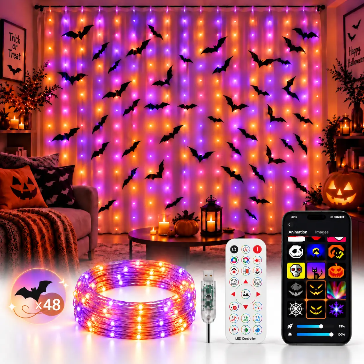 Halloween Bat RGB LED Curtain Lights - Smart App & Remote Control, DIY Custom Patterns, Music Sync, Color-Changing Light Display with 48 Bat Stickers for Bedroom, Party, Wall & Spooky Halloween Decor