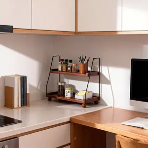 2 Layer Wooden Coffee Bar Storage Rack, Polished Surface Metal Frame, Multi-Purpose Kitchen & Bathroom Shelf, Farmhouse Style Display Tray, Display Risers Stand