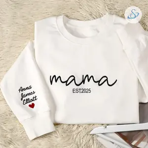 Mama Est 2025 Embroidered Sweatshirt, Personalized Mom Crewneck with Custom Kids Names on Sleeve, New Mom Gift, Mother’s Day Pullover, Cozy Family Sweater