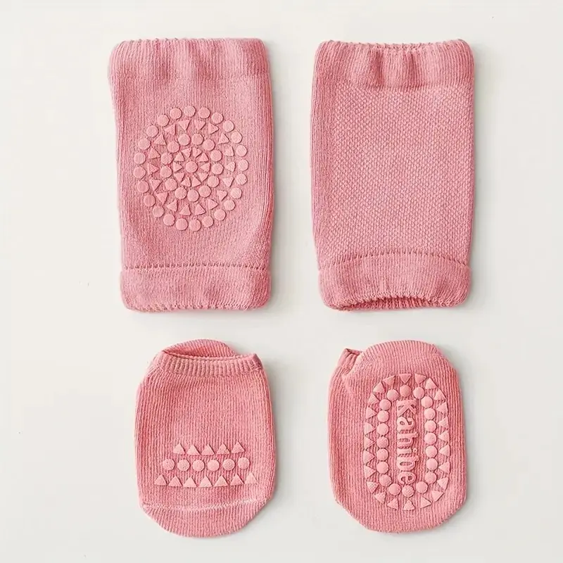 2 Pcs Non-Slip Socks & Knee Pads Set for Kids, Solid Color Floor Grip Socks for Boys & Girls, Anti-Slip Walking Socks for Indoor Use, Toddler Safety Socks Trending Daily Wear, Birthday & Gift Idea