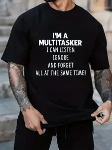Men's Funny Multitasker Slogan T-Shirt - "I Can Listen, Ignore & Forget" White Text Print on Navy Blue, H-Fit Round Neck Casual & Office Wear, All-Season Humorous Gift for Procrastinators