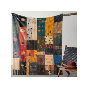 1pc Vintage Style Patchwork Floral Print Flannel Throw Blanket - Soft, Cozy, And Warm Knitted Cover For Sofa, Bed, Office, Camping, Travel - All-Season Gift Blanket, 100% Polyester, Digital Printing, 250-300gsm-30*40in