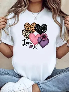Plus Size T-shirt, Valentine's Day gift for girlfriend, romantic heartwarming love design.Mixed love heart print blends wild and sweet style for a lovely vibe.White crew neck short-sleeve printed T-shirt, machine washable.Perfect for festival parties,