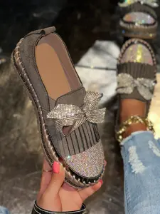 2026 Spring New Slip-On Thick Sole Casual Shoes, Korean Style Fringe Rhinestone Butterfly Loafers, Large Size, All Seasons Women