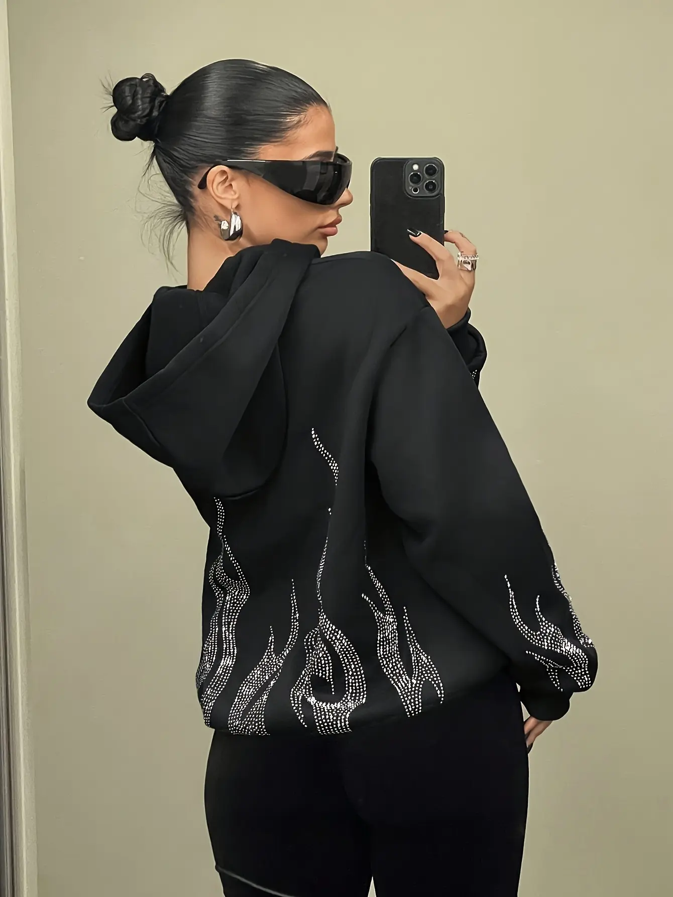 Women's Cool Rhinestone Flame Hooded Fashion Sweatshirt