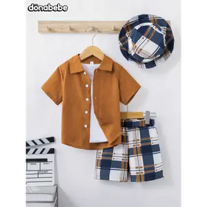 Boys solid color shirt plaid shorts hat three-piece suit casual versatile solid color top shorts suit summer new comfortable handsome casual suit 1-8 years old book bag school girls clothes kids shoes kids clothing
