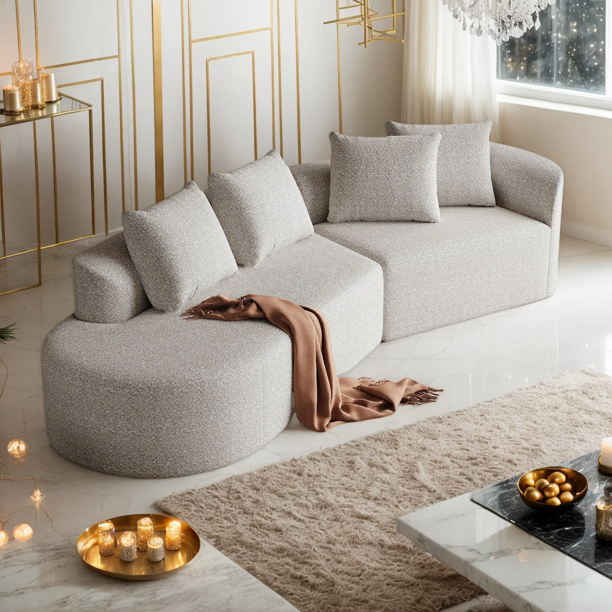 Eyisean 112" Left-Hand Facing Curved Chenille Fluffy Sectional Sofa, 4-Seater Free Combination Modern Couch with Extra Deep Seat, No Assembly Required, Boneless Cloud Upholstery for Living Room, Chenille Fluffy Sofa