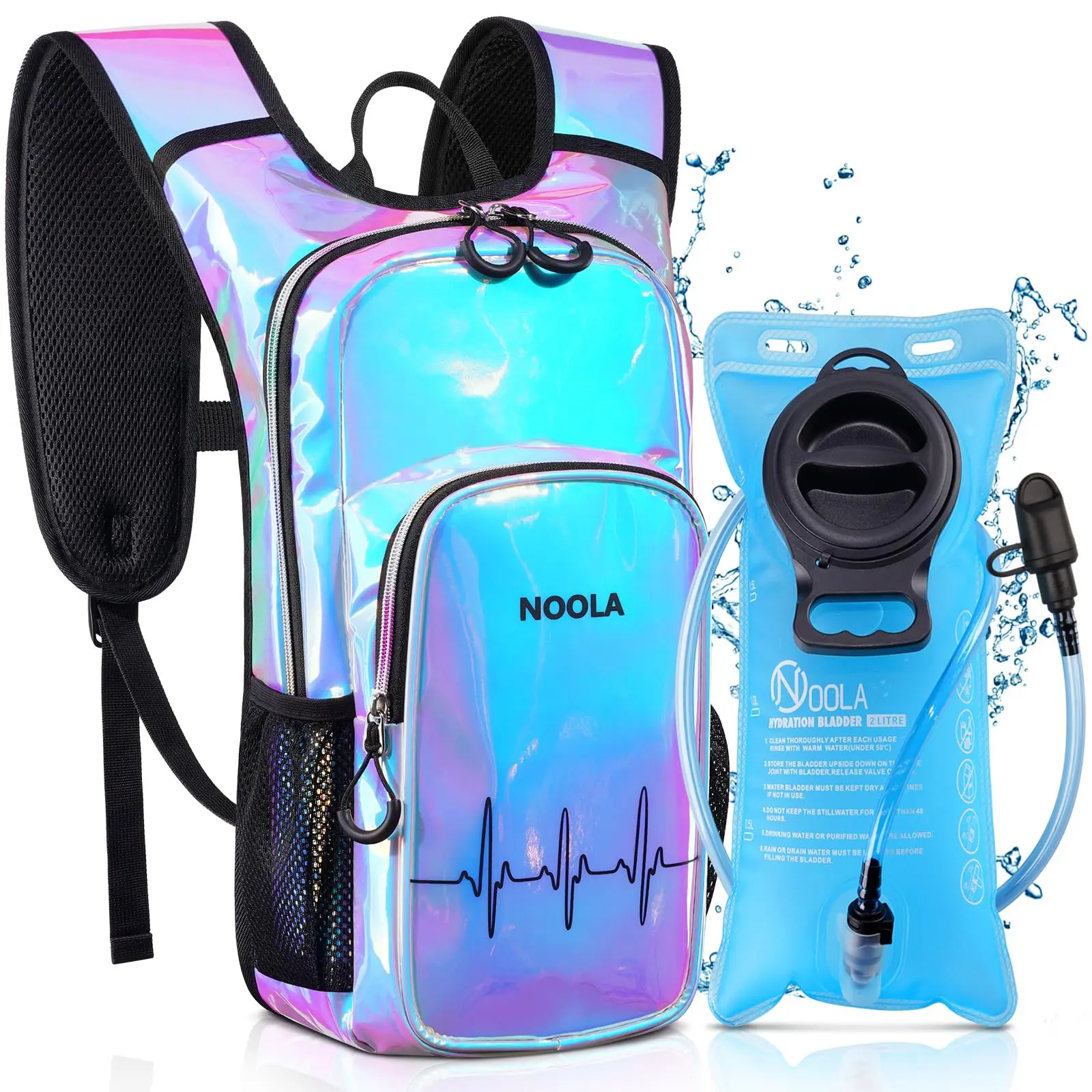 NOOLA Rave Hydration Backpack, 2L BPA‑Free TPU Water Bladder, Shine Reflective, Music Festival, Essential Accessories Water Backpack for Women Men