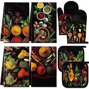 Y 8 pcs colorful spices kitchen towels pot holders and oven mitt set 4 absorbent dish towels 2 herbs square potholders 2 black heat resistant glove for kitchen decorative home cooking gifting