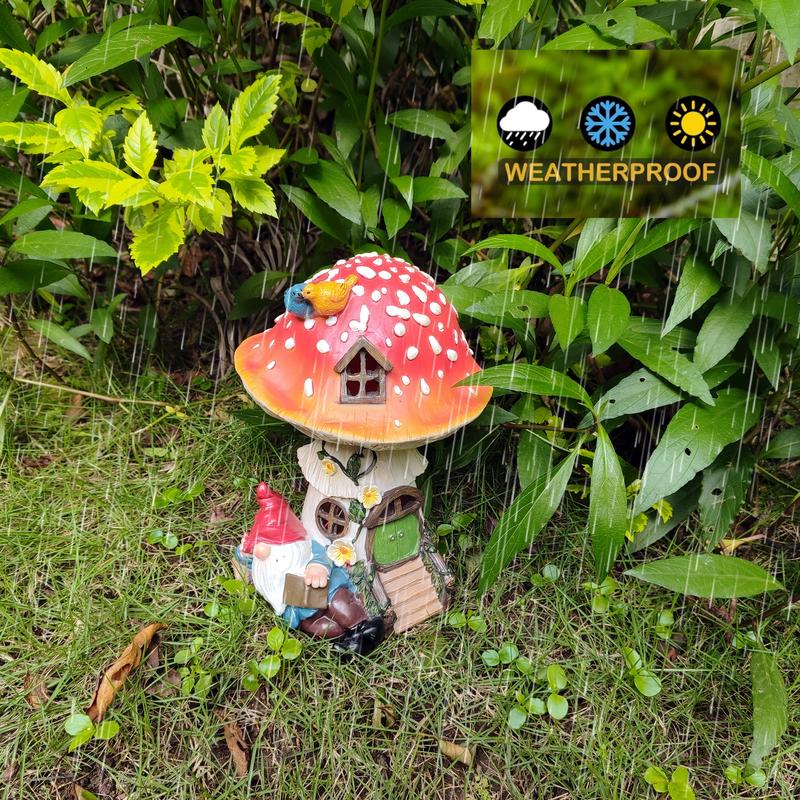 11 Inch Solar Mushroom Fairy House Resion Outdoor Statue Lamp Light Gnome Theme Garden Decor Seasonal Gardening Art for Housewarming Gifts Spring Outdoor Decoration for Patio Garden Balcony