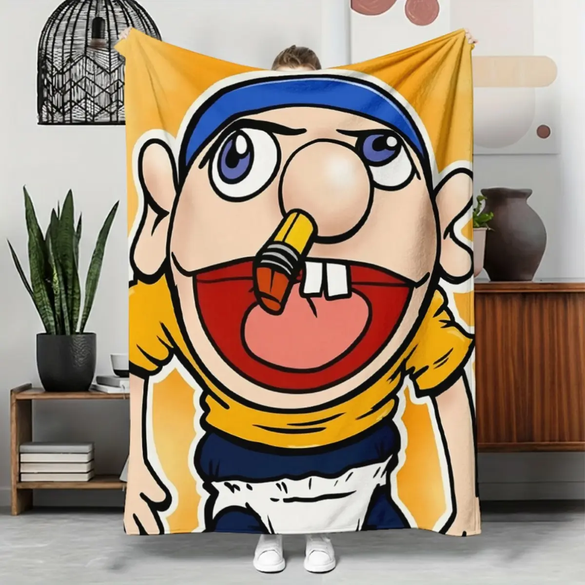 Cartoon-themed Jeff Flannel throw, perfect bed and sofa, contemporary style, ideal for year-round use, machine washable, great for travel, camping, naps, a unique gift option