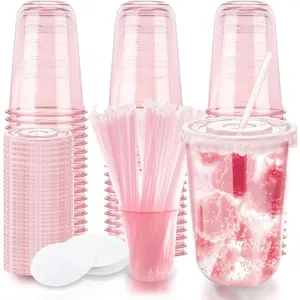 16oz Disposable Stemless Glasses with Flat Lids and Straws,PET Disposable Drinking Cups,Clear Plastic Wine Glasses for Parties Birthday,Wedding,Meeting,Christmas Party Supplies. (50, Pink)