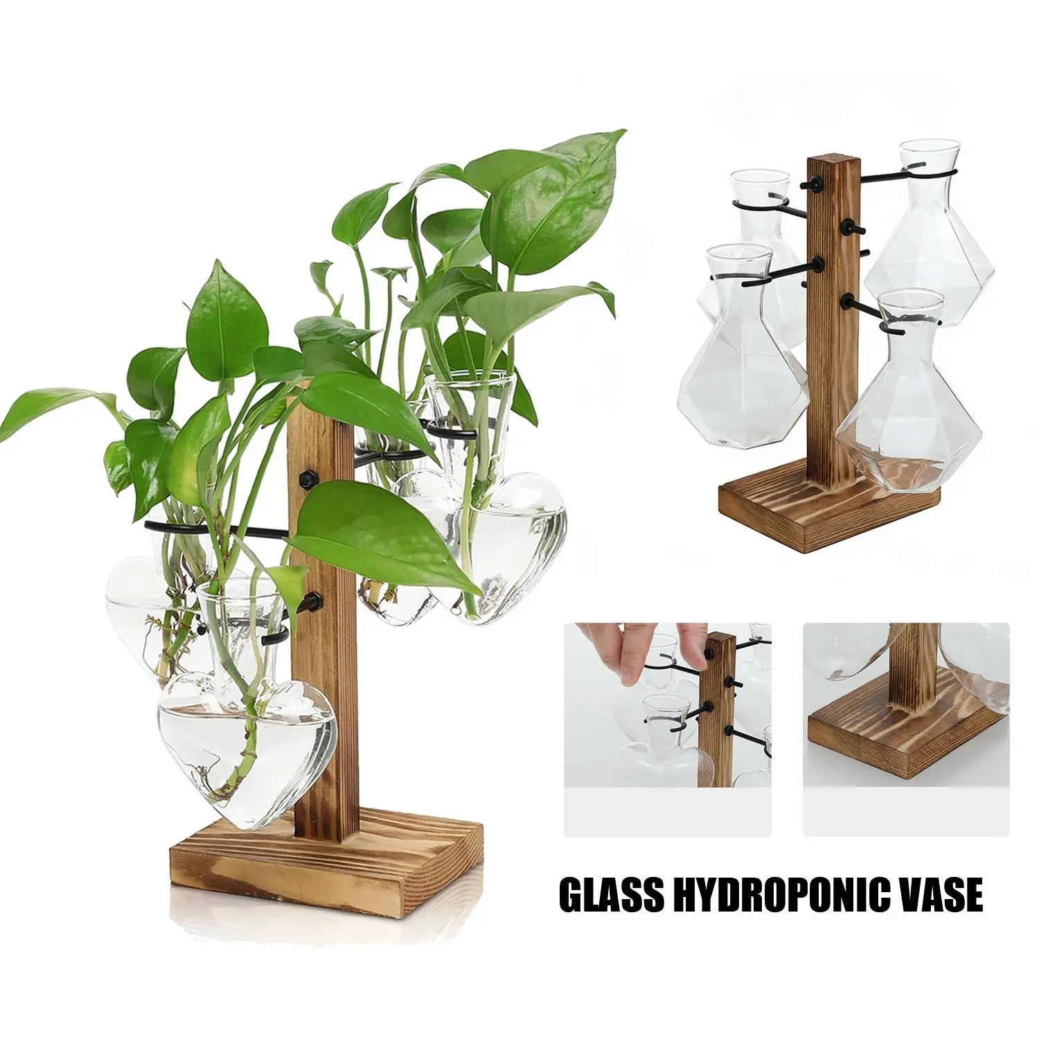 Vintage Heart-Shaped Clear Glass Hydroponic Vase with Retro Wood Stand - Decorative Mini Pot Set for Bulb Planting, Water Plant Propagation, Home & Desktop Decor, Unique Gift