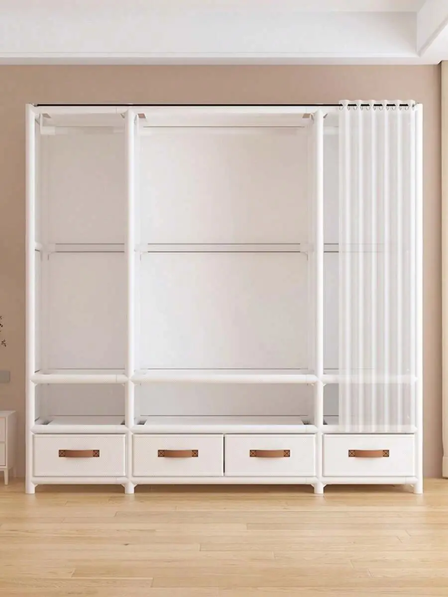 Portable Closet With 4 Drawers, 57" Large Portable Wardrobe Closet For Hanging Clothes, Clothing Storage Organizer With 3 Hanging Rod & 6 Shelves, Freestanding Closet For Bedroom, Living Room, White