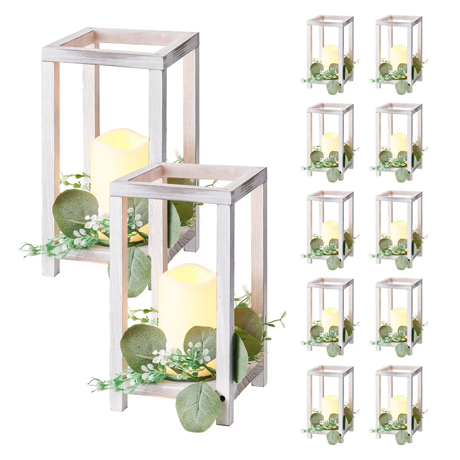 12 Set 36 Pcs Wooden Wedding Lantern Centerpiece Includes 12 Wooden Lantern Candle Holders 12 Flameless LED Candles 12 Eucalyptus Leaves Wreaths For Wedding Table Party Farmhouse Decor White