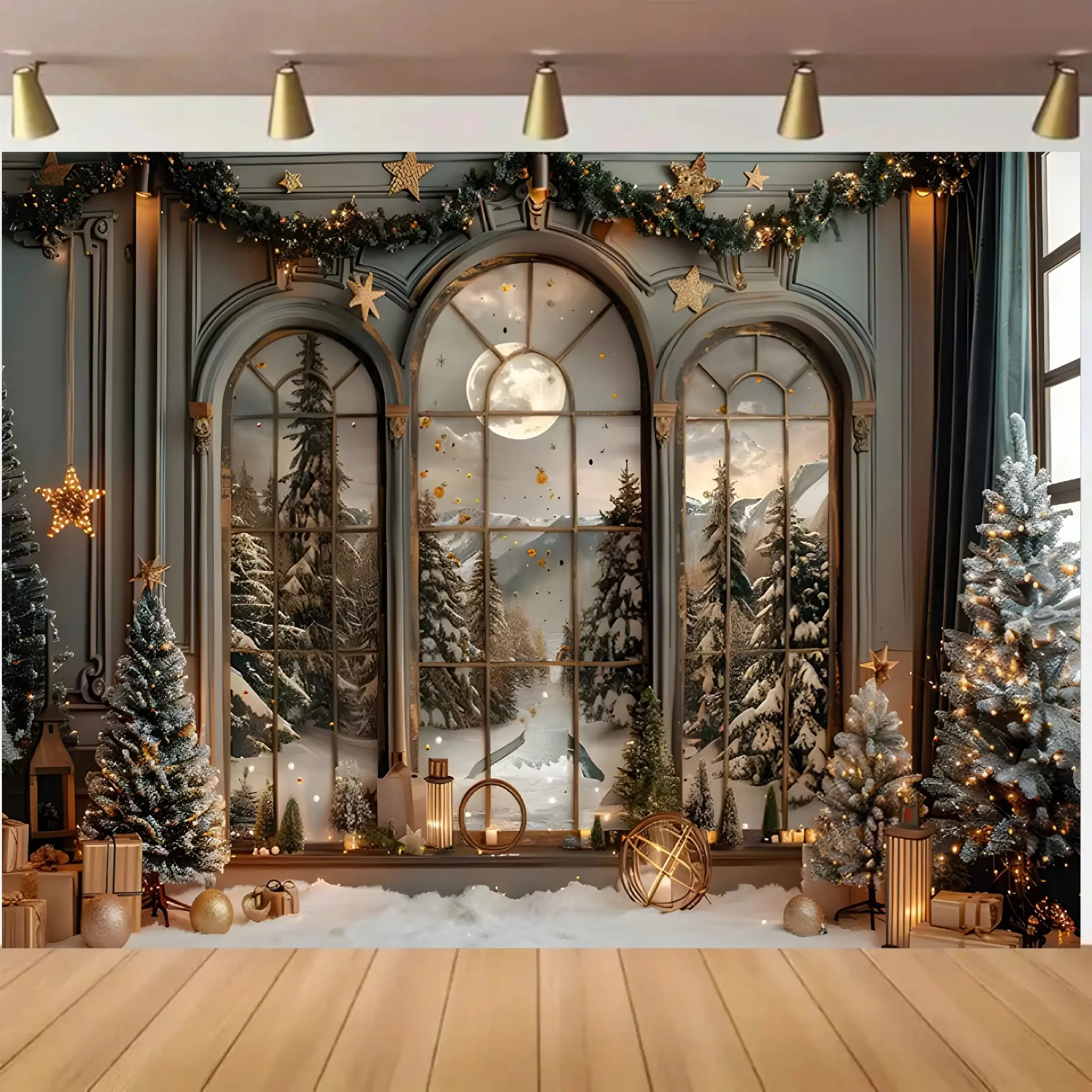 Durable Print Christmas Forest Theme Vinyl & Polyester Backdrop, 5x3ft/5x7ft Sizes with Cedar Forest & Full Moon, Indoor-Outdoor Winter Holiday Ceremony Decor for Photo Shoots & Photo Studio Banners