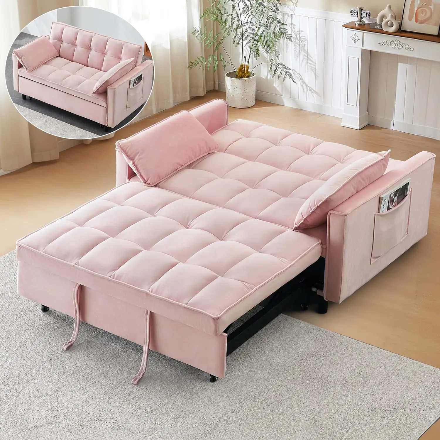 3-in-1 Convertible Velvet Upholstered Futon Couch Sleeper Sofa Bed, Pull-Out Loveseat with Adjustable Backrest & Side Pocket, Indoor Furniture for Small Apartment, Bedroom, Pink