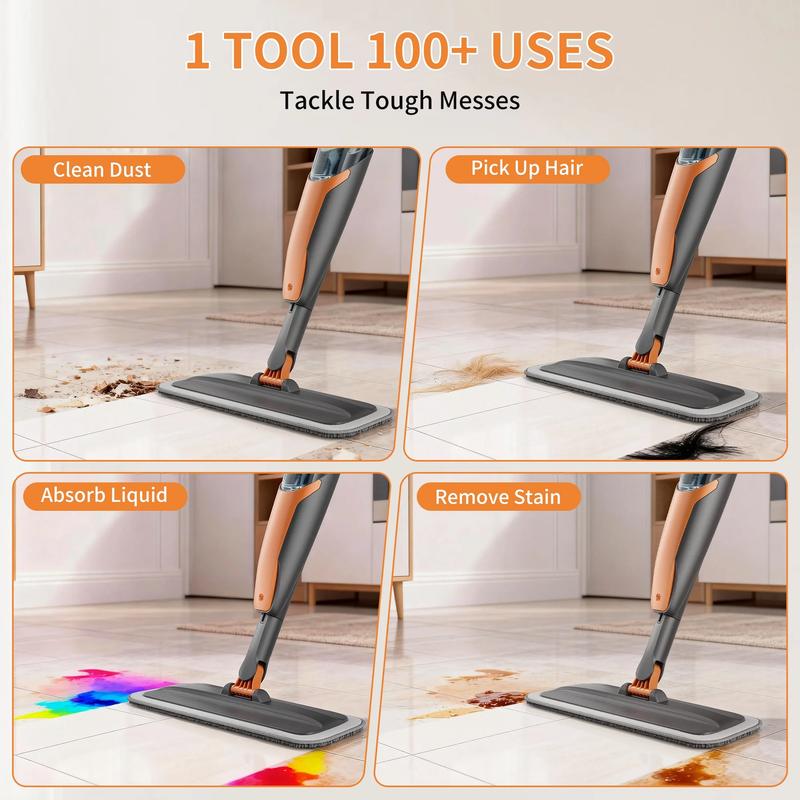 Spray Mop for Multi-Surface Heavy-Duty Cleaning with 4 Washable Microfiber Pads,Refillable Bottle,Functional Scraper,360°Rotating Head,One-Handed Operation,Wet/Dry Use,Rust-proof Aluminum Pole