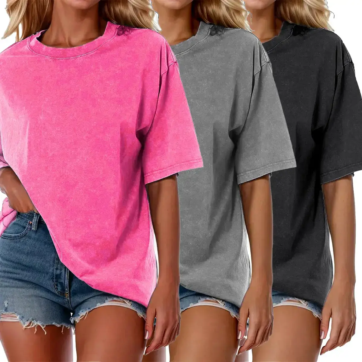 3Pcs Oversized Acid Wash Unisex Cotton T-shirts Oversized Half Short Sleeves Casual Loose Solid Streetwear Tops,Lady T-shirt Baggy Retro Street T-Shirts,Loose Fit
