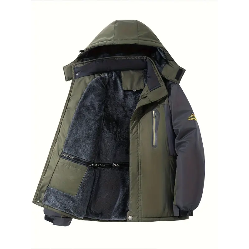 Men's Hooded Sports Jacket with Golden Alphabet Print, Thick Fleece-Lined Woven Fabric Windbreaker for Casual Outdoor Activewear, Tops, Menswear, Athletic, Sportswear, Letters, Camping&Hiking, Hand Wash Only