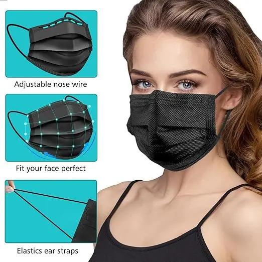 100 Pcs Face Mask - 3 Ply Ear Loop, Unisex Design, Fashionable Style, Suitable for Daily ,Black Disposable Summer Suitable for Weddings Parties care